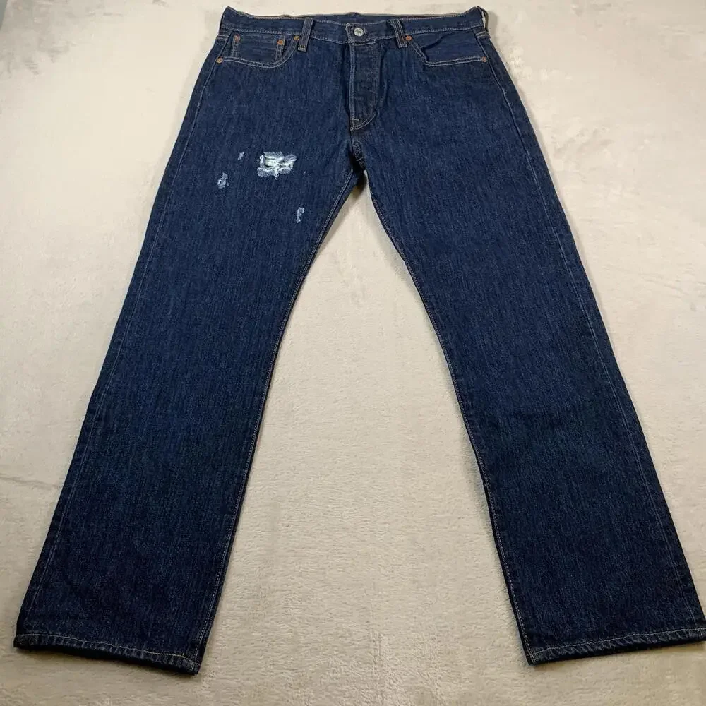 Levis 501 Jeans Mens 34x30 Blue Straight Button Fly Dark Mid Rise Distressed - Picture 1 of 12